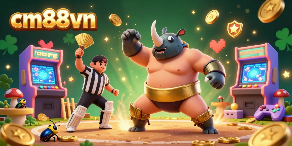 Experience the excitement at cm88vn with a vibrant casino-themed illustration featuring a sumo beetle champion.