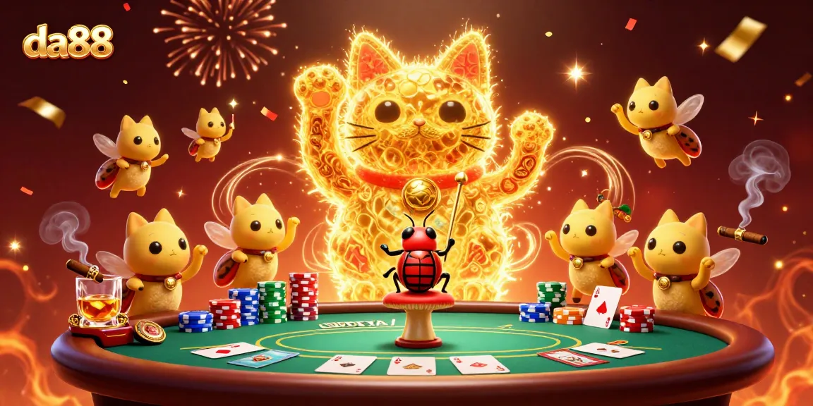 da88 showcases an enchanting scene with fireflies forming a lucky cat and poker elements.