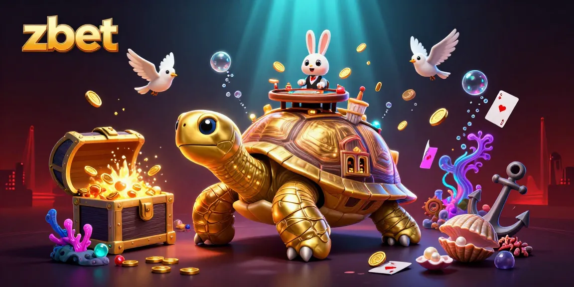 Experience the thrill of zbet with a vibrant 3D casino scene featuring a golden tortoise and rabbit dealer.