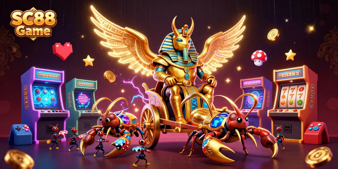 Experience the thrill of SC88 Game with a vibrant 3D casino illustration full of gaming elements.