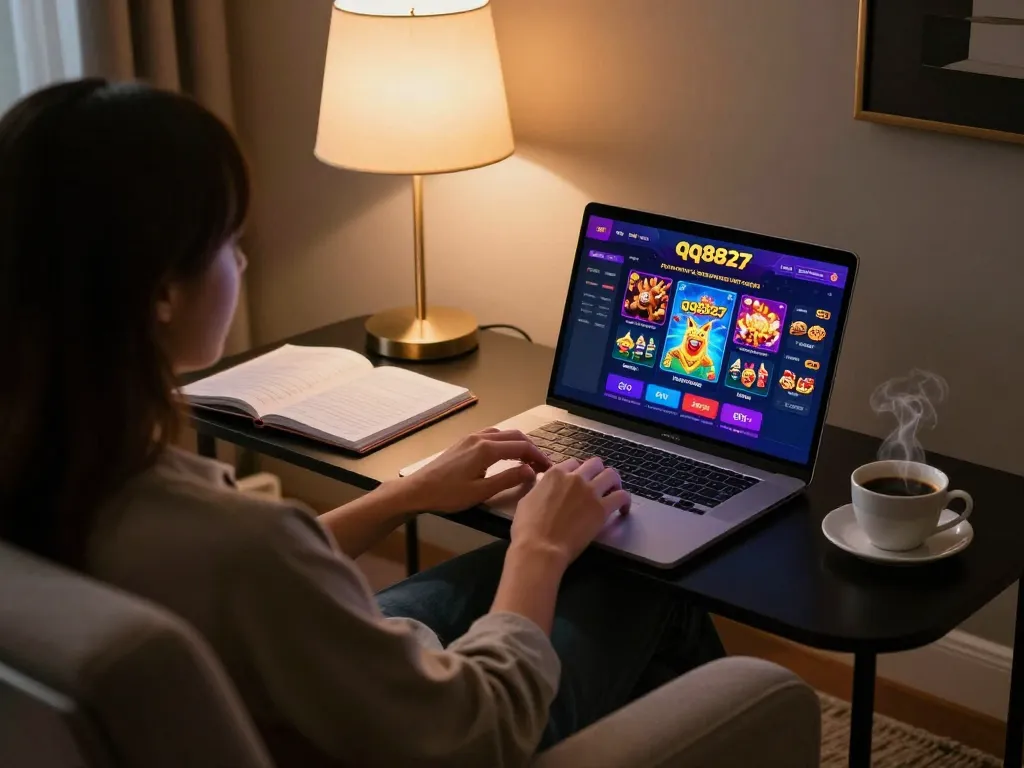 Explore the engaging experience of online gaming with qq8827 on a sleek laptop.