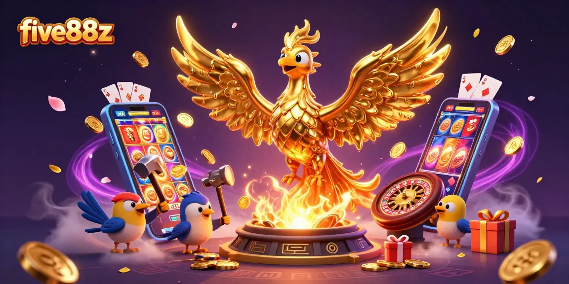 Engage with thrilling gaming scenes at five88z, featuring a phoenix and exciting slot action!