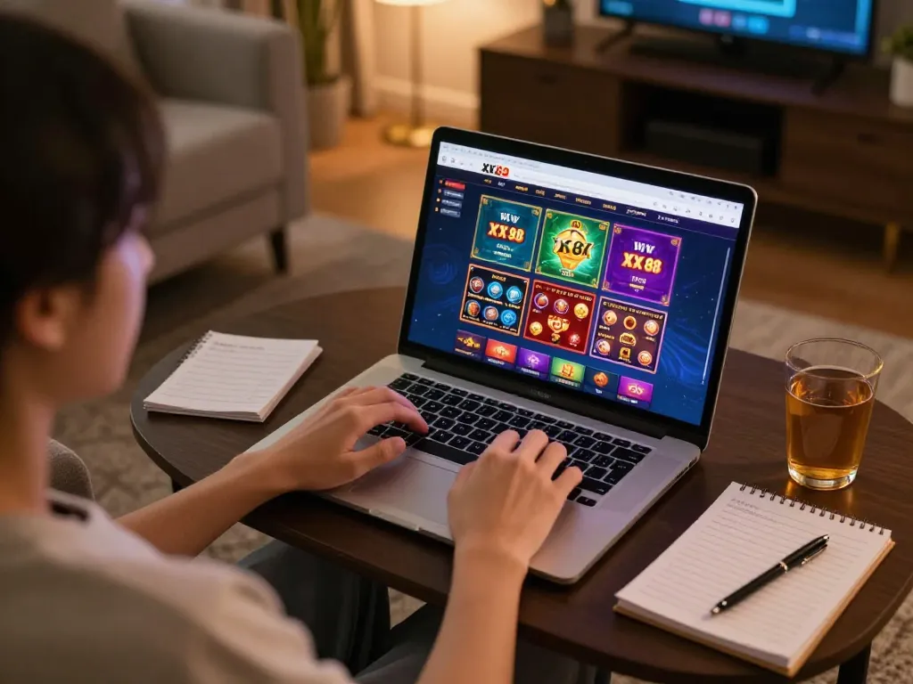 Person engaging with the XX 88 online casino interface on their laptop in a cozy home setting.