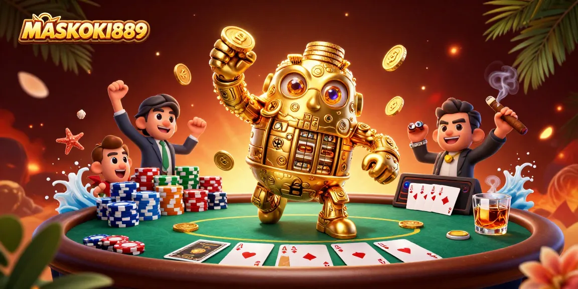 Play at MASKOKI889 and experience the thrill with vibrant gold golem casino illustration.