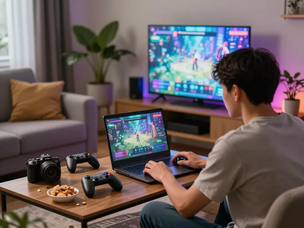 Engaged gamer playing xxx games with laptop and colorful ambient lighting.