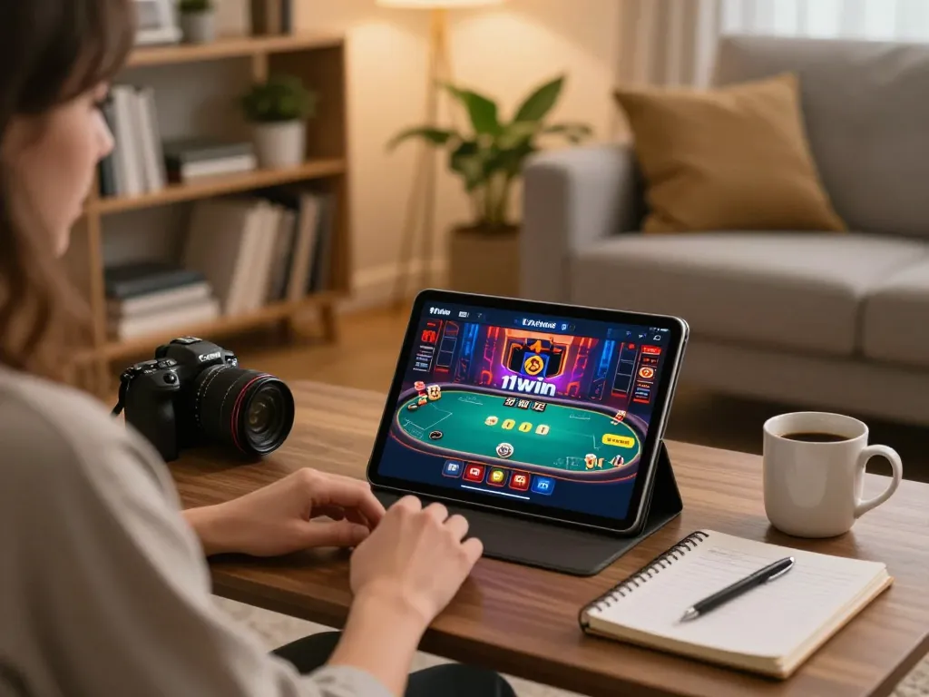 Player enjoying a poker game on 11win app in cozy home setting with coffee and strategy notes.
