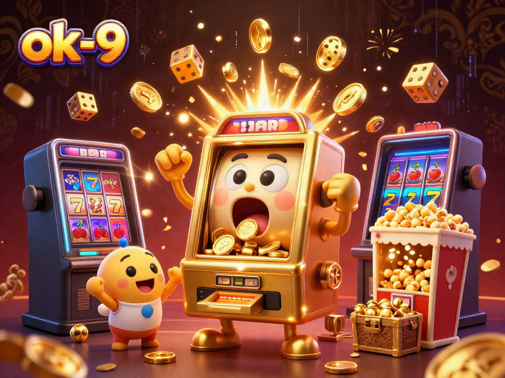 Experience the excitement of ok-9 with a dazzling jackpot scene featuring animated slot machines and golden coins.
