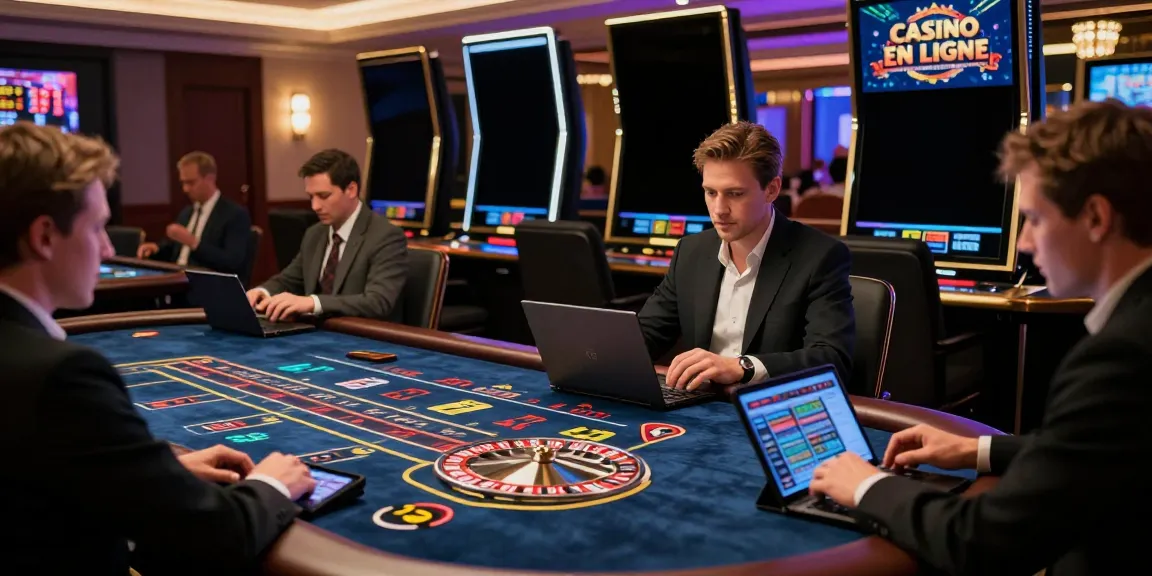Exciting Casino En Ligne gaming atmosphere with virtual games, engaging players, and vibrant lighting.