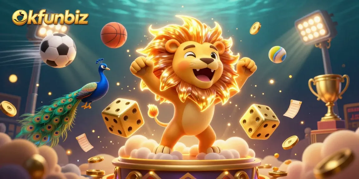 Engage in thrilling play at okfunbiz with a vibrant 3D illustration showcasing lively casino elements.