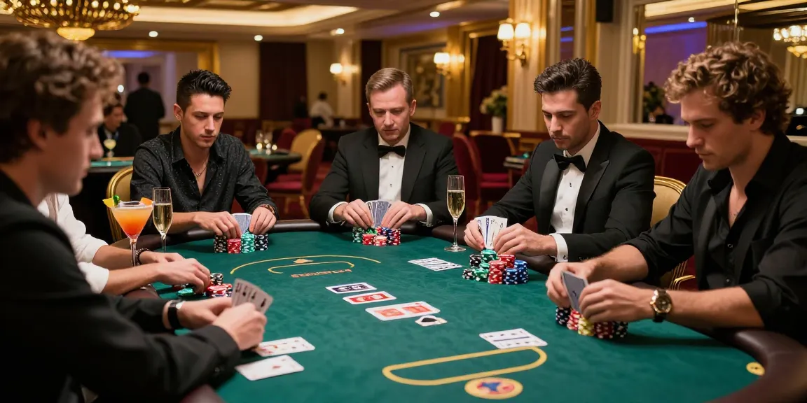 Exciting poker game at iwin casino with players, chips, and drinks.