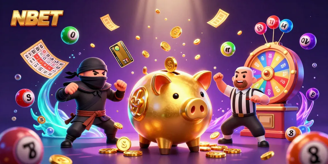Experience the thrill of NBET with a dynamic scene featuring colorful lottery balls and casino characters.