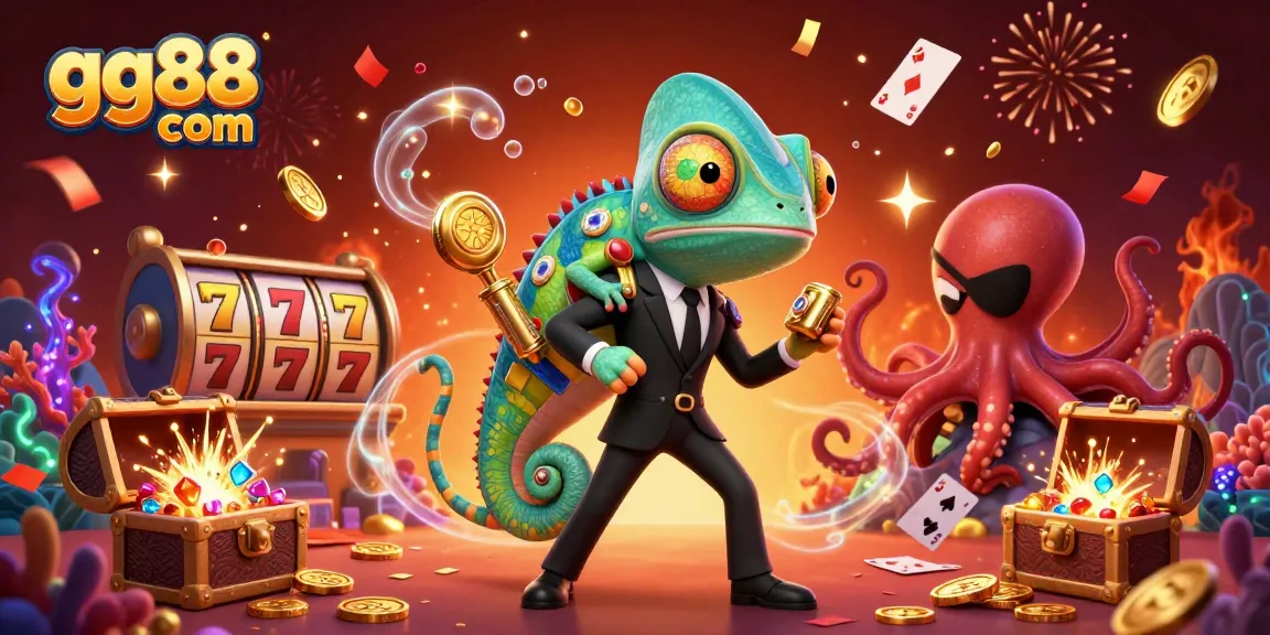 Engage with dynamic casino fun at gg88 com featuring 3D cartoon characters amidst vibrant slot games and treasure.