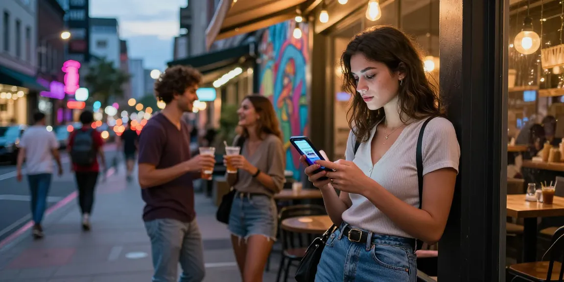 Gái gọi tại quán cà phê sôi động giữa phố thị, bạn bè vui vẻ.
