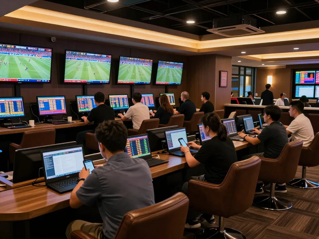 Tỷ lệ kèo nhà cái 5 displayed on screens in a vibrant sports betting lounge.
