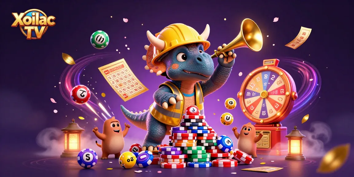 Xoilac TV showcases an energetic scene of gaming excitement with lotto elements and animated characters.