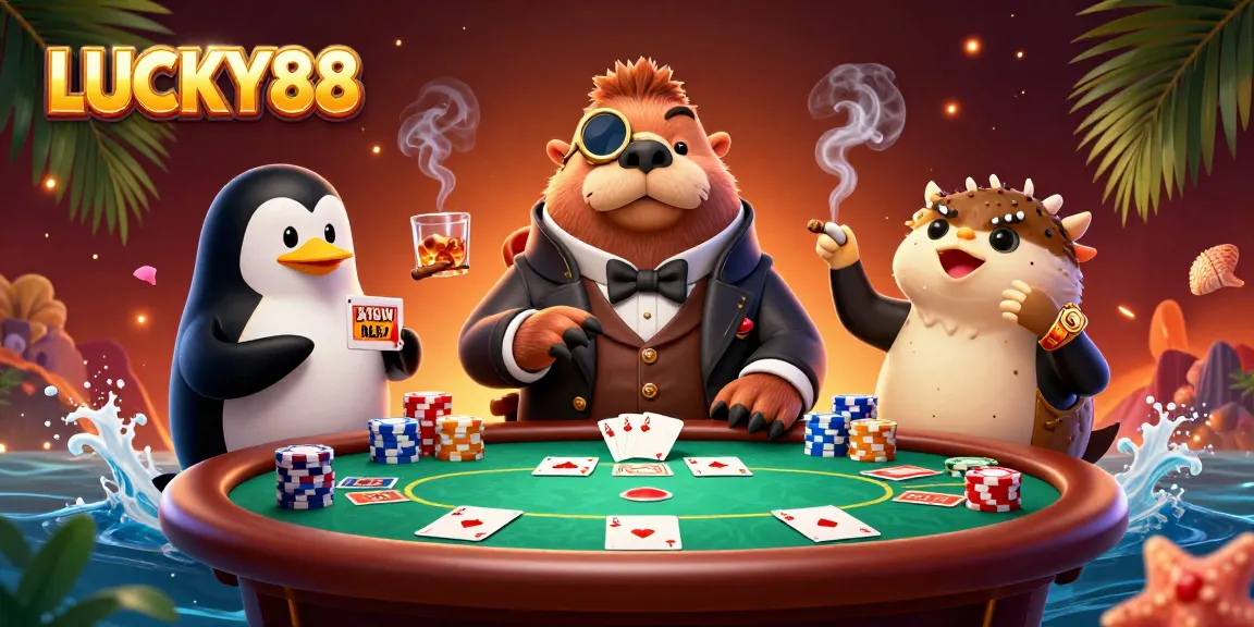 Experience thrilling gameplay with LUCKY88 at an underwater poker table surrounded by vibrant characters.
