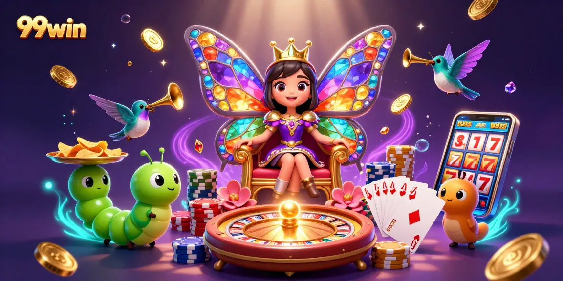 Engage with 99win's vibrant casino world through this rich 3D illustration of thrilling games and characters.