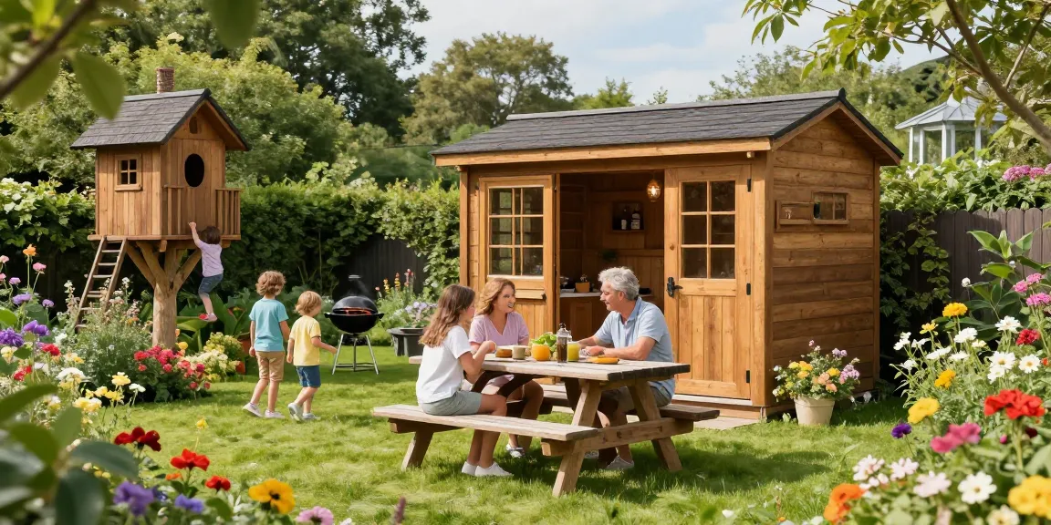 Vibrantes Gartenhaus im Garten mit Familie und Spielplatz für Kinder