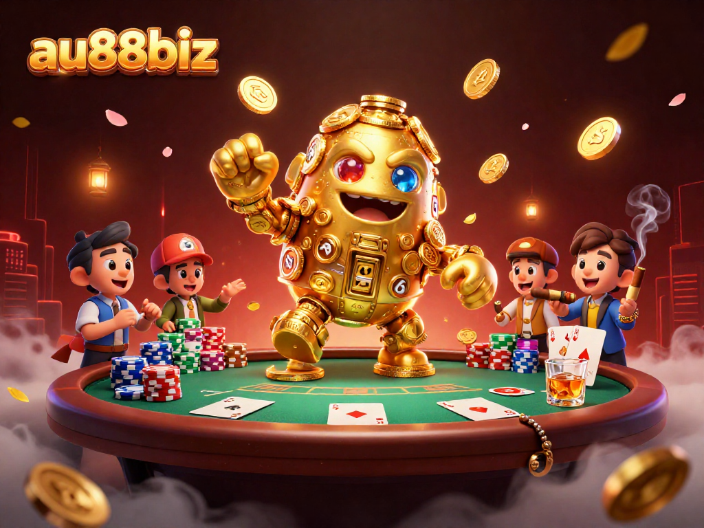 Play exciting games at au88biz with a golden golem amidst poker and casino elements.