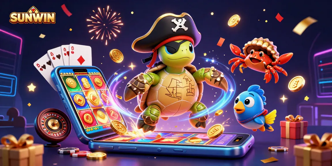 Engage with SUNWIN's colorful gaming scene, featuring a pirate turtle and other playful characters above treasure.