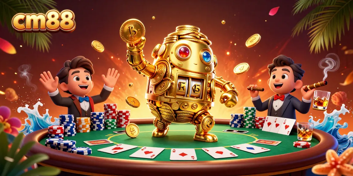 Play exciting card games at cm88, featuring a golden golem and poker elements in a captivating scene.