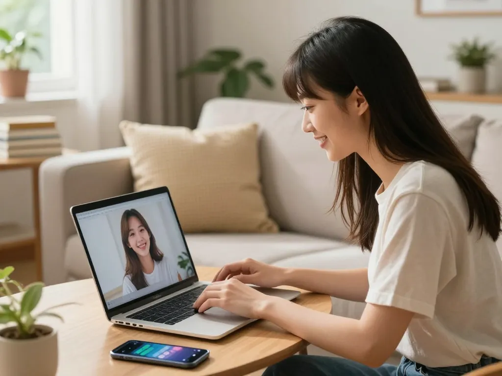 Woman interacting with her AI gf on laptop in a cozy living room.