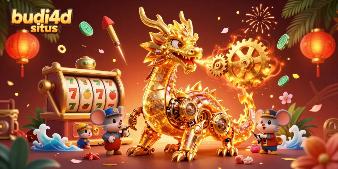 Experience the thrill of winning at budi4d situs with golden dragons and slot reels set against a vibrant backdrop.