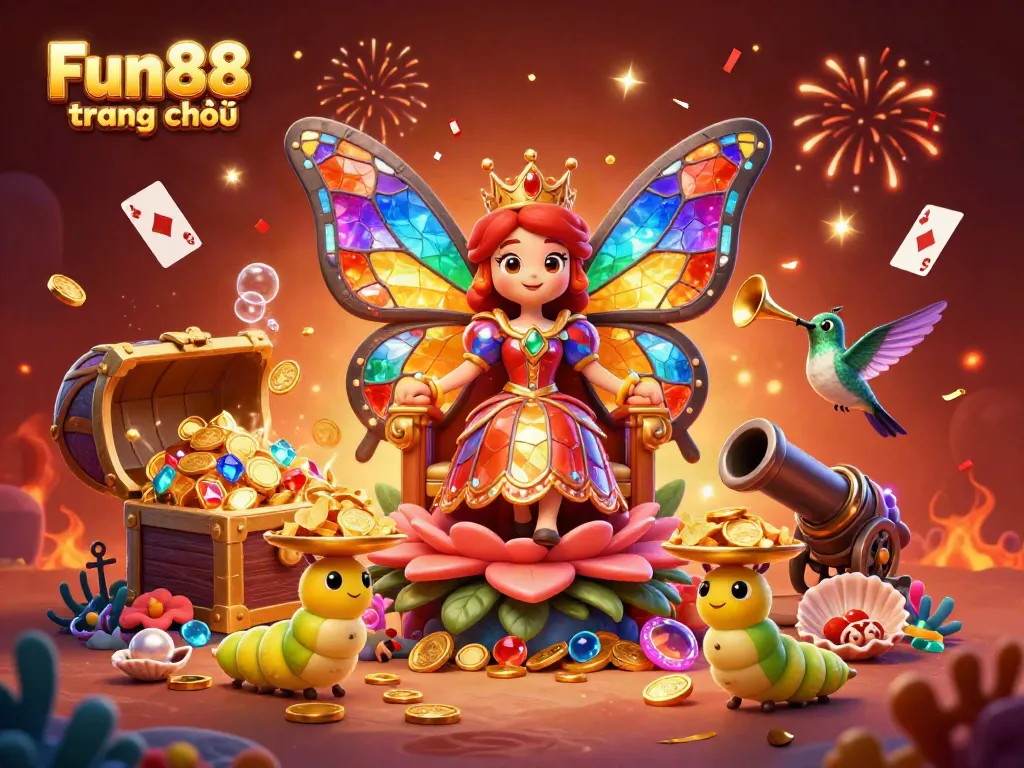 Join the excitement on Fun88 trang chủ with a vibrant 3D illustration featuring casino elements and enchanting characters.