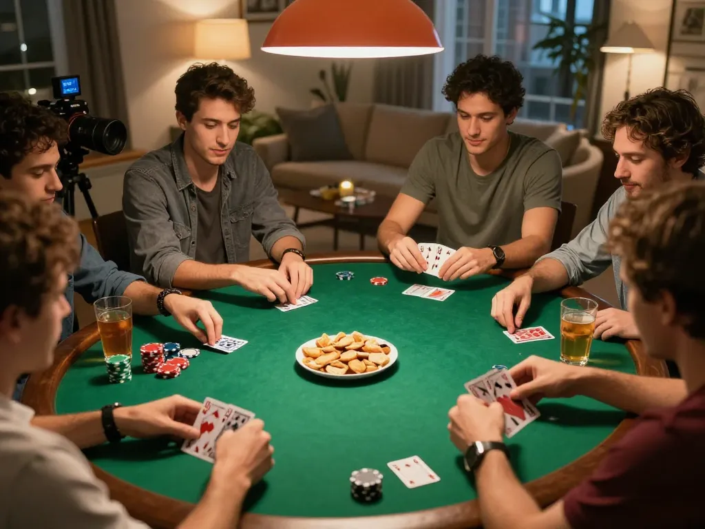 Mega888 login Malaysia scene showcasing friends playing poker at home, emphasizing strategy and social interaction.