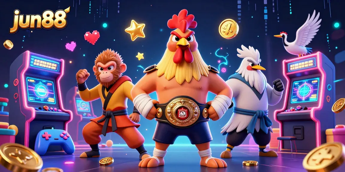 Experience thrilling gambling action with jun88 in a vibrant arcade-style scene.