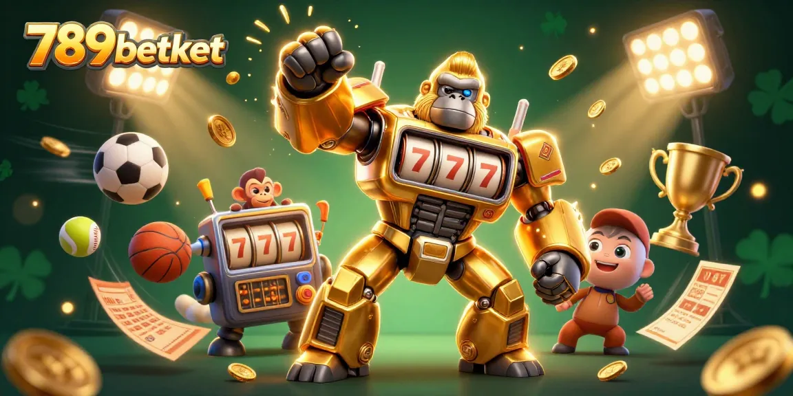 Experience thrilling action with 789betket's golden gorilla mech in a vibrant casino showdown.