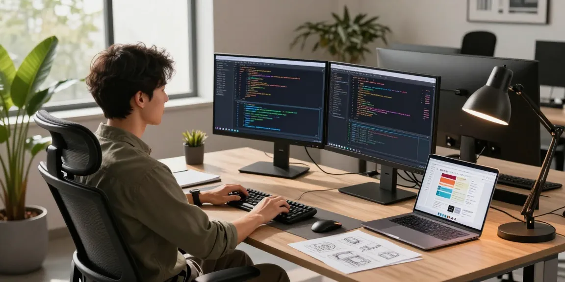 Professional workspace featuring coding on WPS Official Website, modern office elements, and dynamic atmosphere.