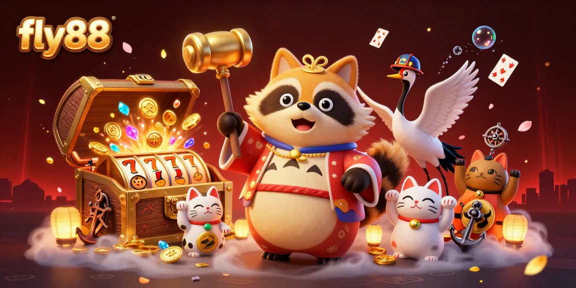Experience fly88's excitement with a lively tanuki and festive elements in a dynamic casino scene.