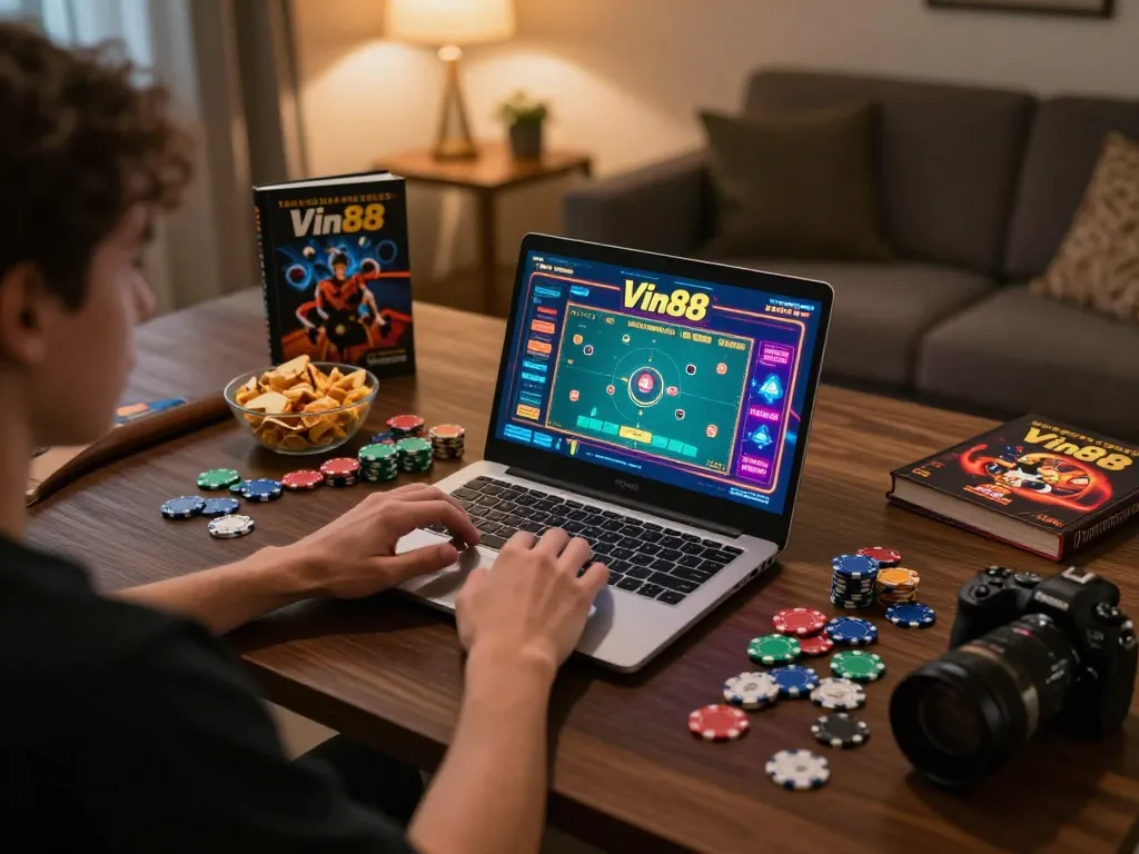 Vin88 player engaging in online casino gaming at home, showcasing strategic gameplay.