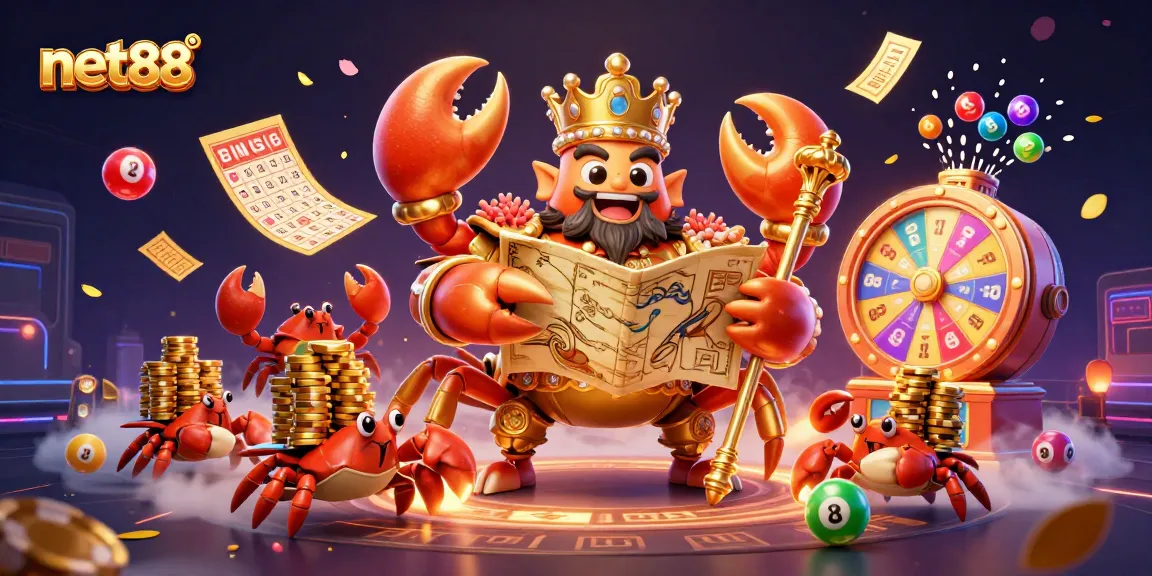 Engage in thrilling lottery excitement with net88's golden crab emperor amidst vibrant game elements.