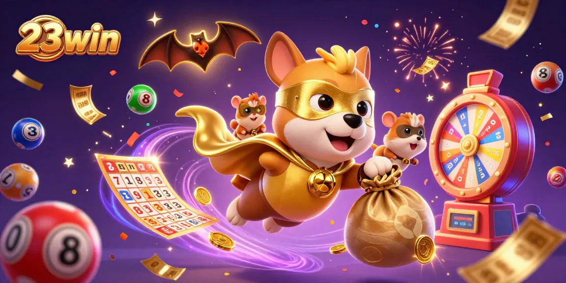 23win showcases thrilling lottery excitement with flying characters and vibrant gambling elements.