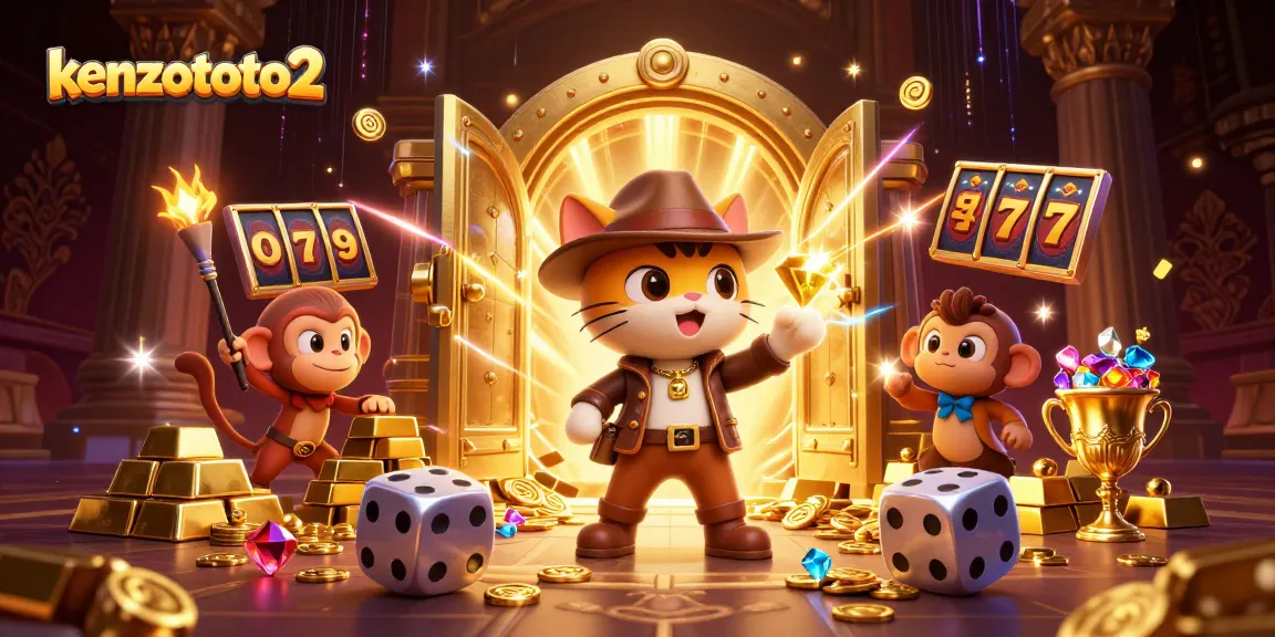 Kenzototo2 mempersembahkan ilustrasi slot online dengan artefak dan kucing penjelajah.