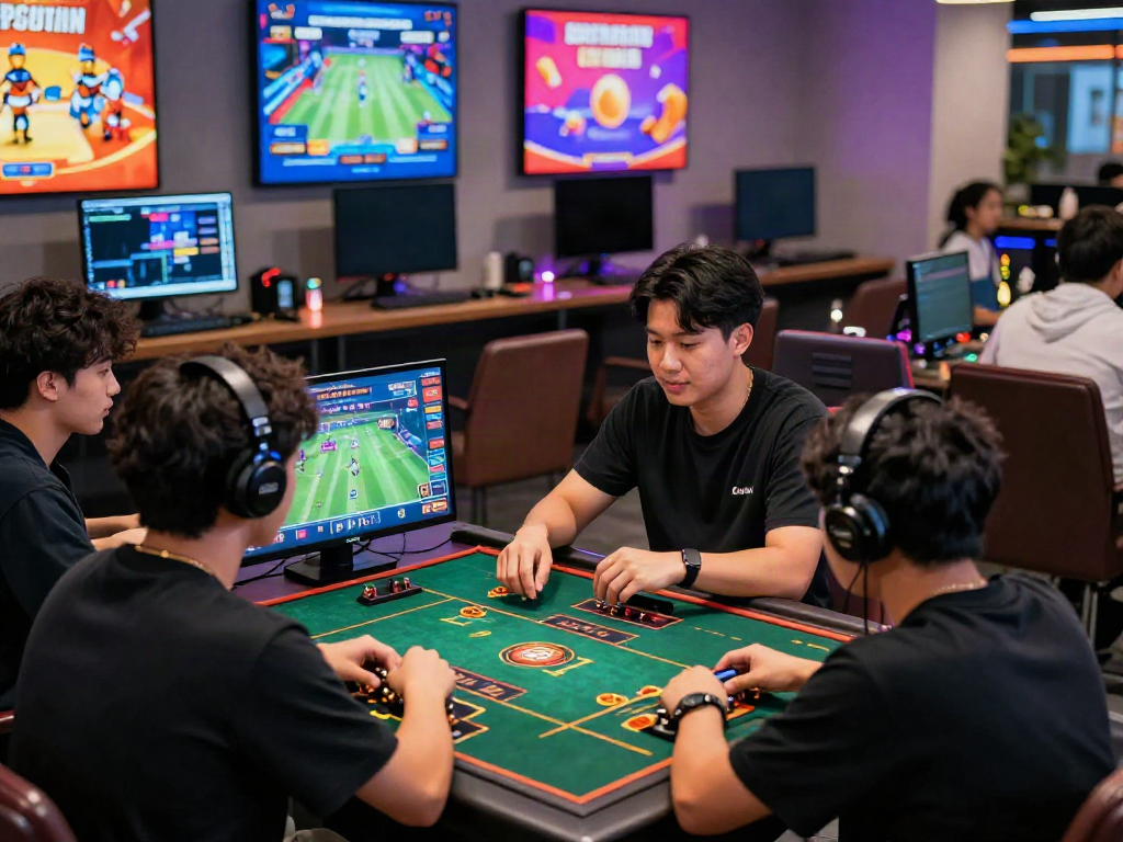 FABET gaming lounge with diverse players enjoying online betting activities.