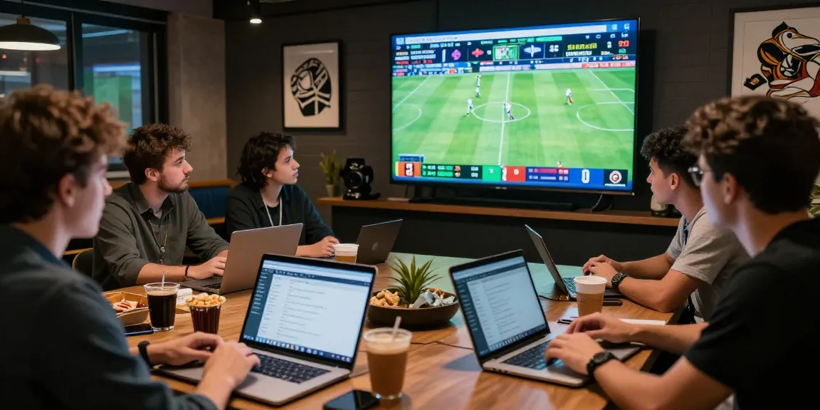 Soccer betting scene on https://soikeonhacai.com.co/ with fans analyzing live stats and betting odds in a sports lounge.