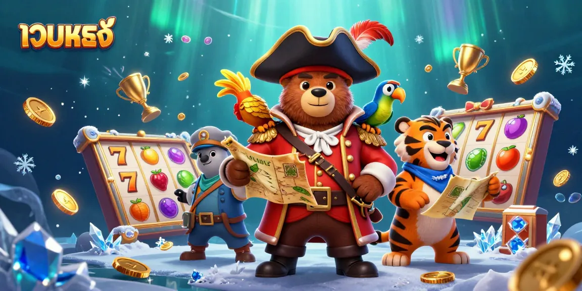 Engaging เว็บตรง slots scene featuring a cartoon bear pirate, tiger, and parrot, surrounded by spinning slot elements.