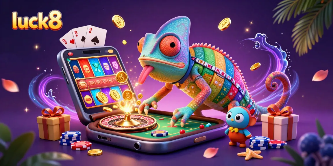 Immerse in excitement with luck8, where a dynamic chameleon owner delights in casino games, capturing golden coins.