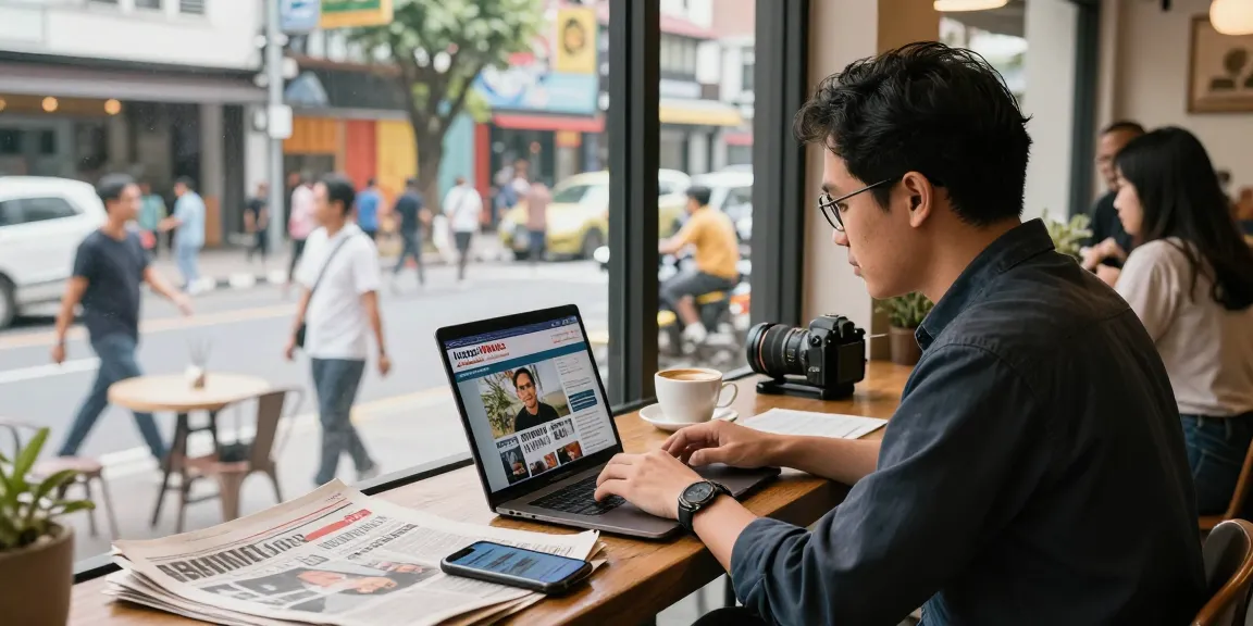 Gambaran Leci123 Daftar dengan individu aktif membaca berita dalam suasana kafe.