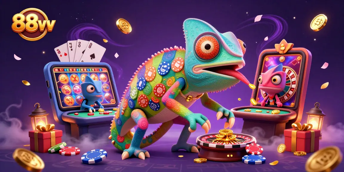 Experience the vibrant 88vv casino scene with an animated chameleon owner and slot game action.