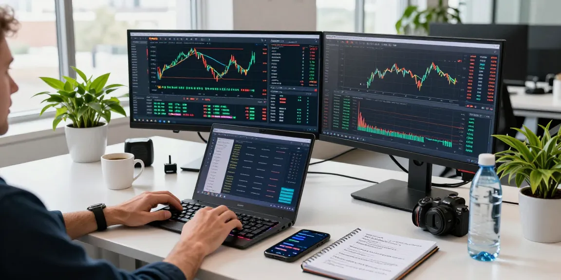 Funexchange sports betting platform integrated with cryptocurrency trading features, showcasing a high-tech workspace with monitors displaying digital wallet and betting odds.