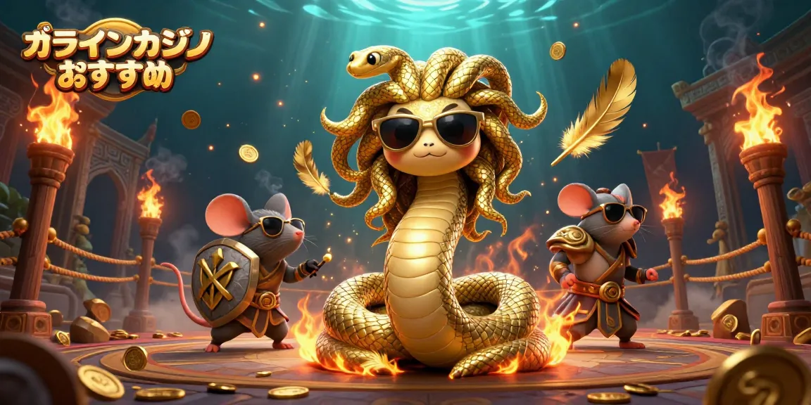 オンラインカジノ おすすめに最適化された3Dイラスト、かわいいメデューサと戦士マウスが登場するカジノのシーン
