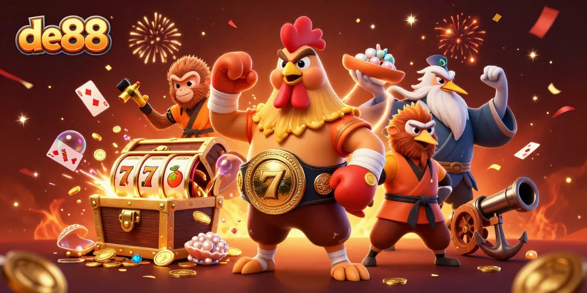 Experience winning thrills at de88 with vibrant characters and gold-filled treasures in this 3D illustration.