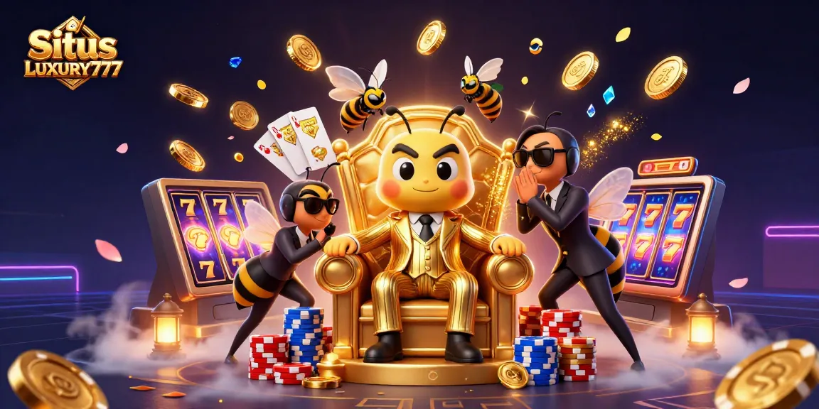 Situs LUXURY777 memikat pemain dengan ilustrasi kasino yang kaya elemen permainan dan karakter menarik.