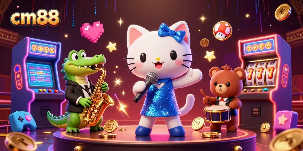 Experience the exciting world of cm88 casino with a vibrant jazz-themed 3D illustration featuring interactive gaming elements.