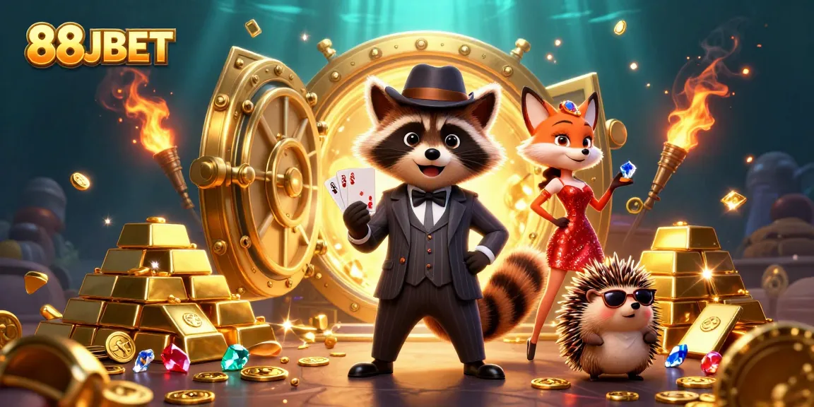Experience thrilling gameplay with 88JBET in this stunning casino-themed illustration featuring vibrant characters and treasures.