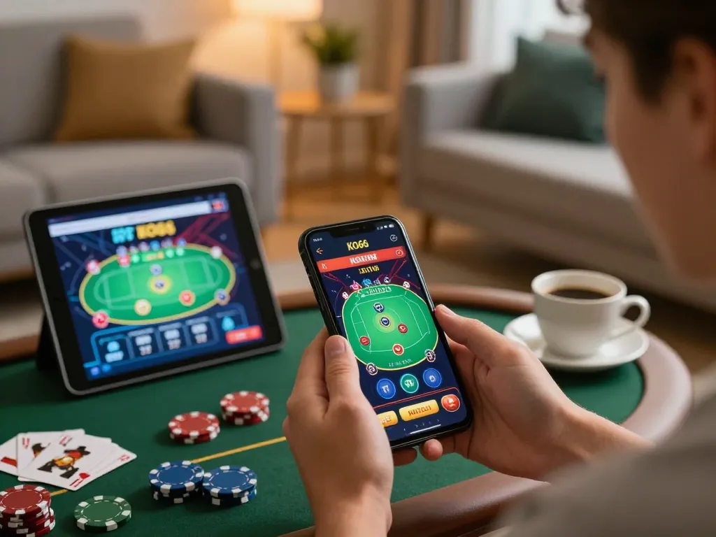 Người chơi tương tác với ứng dụng KO66 để chơi game chia bài trực tiếp trong không gian ấm cúng tại nhà